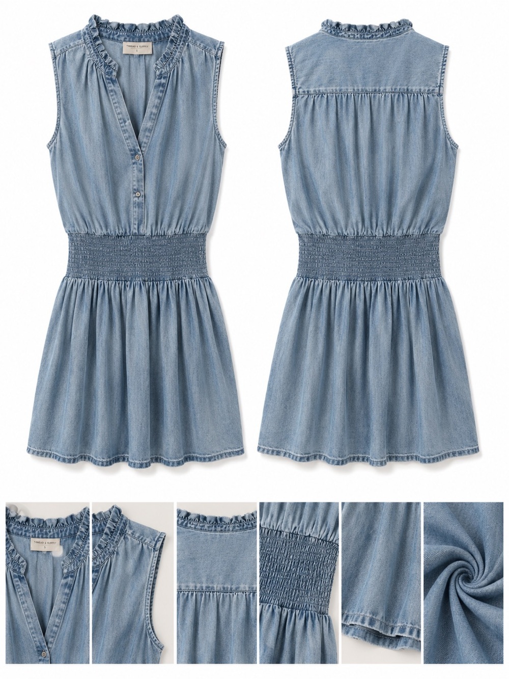 VENUS Light Blue Sleeveless Smocked-Waist Denim Mini Dress